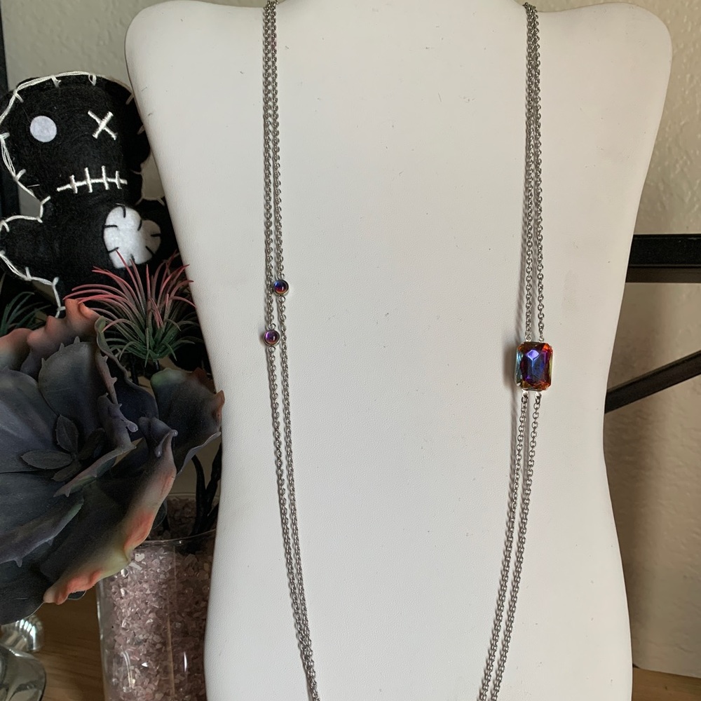 Rainbow Gemstones on Double Strand Silver Chain Side Draped Necklace